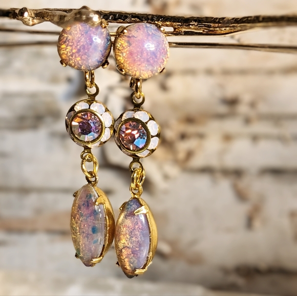 Pink Fire Opal & Rose Opal Flower Crystal Drop Down Earrings - Picture 2 of 5